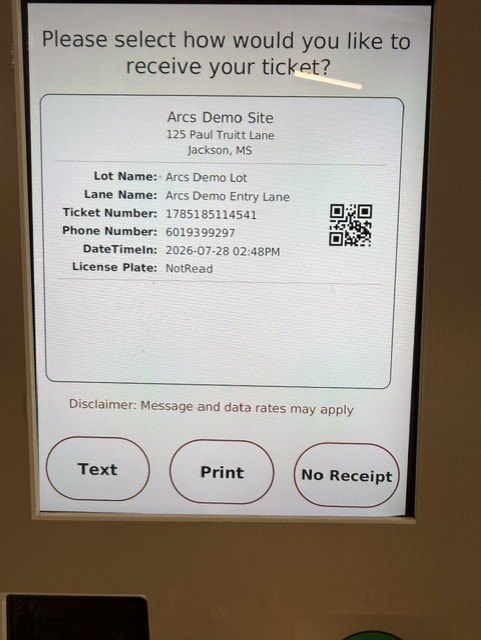 Parking kiosk entry screen asking how the customer would like to receive their ticket, with Text, Print and No Receipt buttons